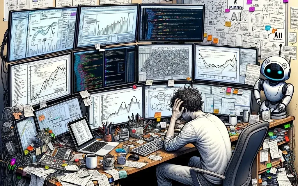 Dall-E 3, prompt: A drawing of a software engineer overwhelmed by recent advances in Artificial Intelligence