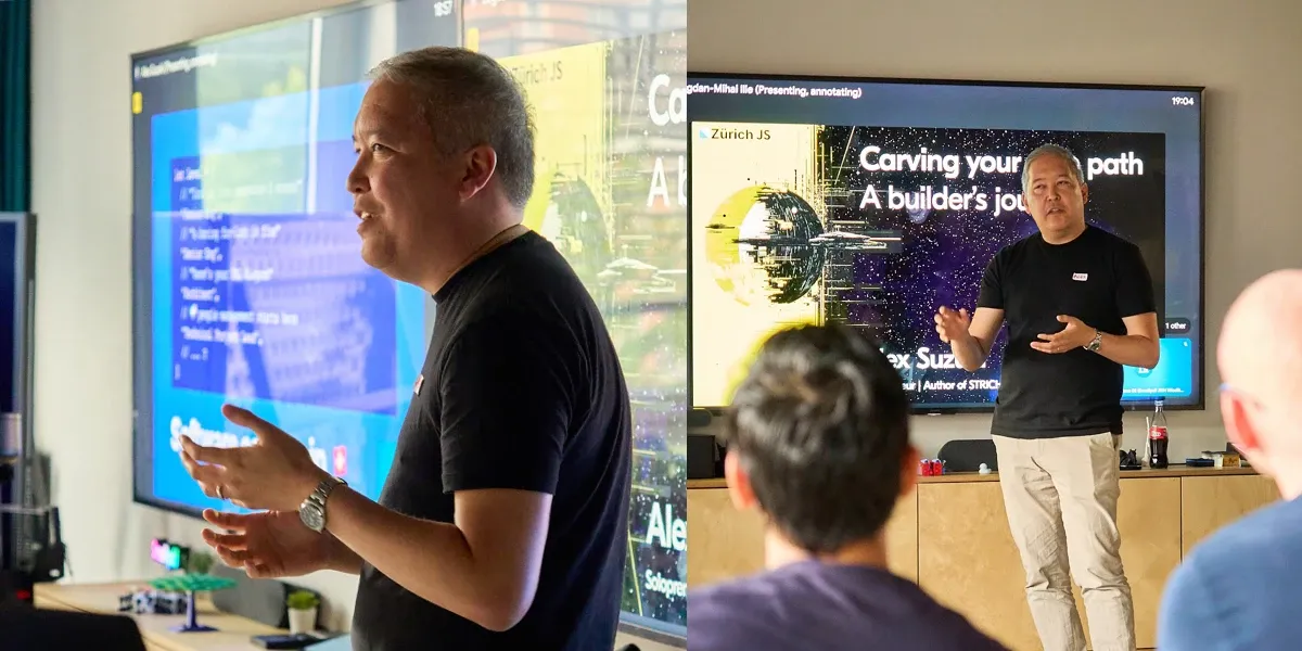 Two photos of Alex Suzuki giving a presentation at ZurichJS
